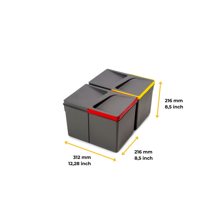 Emuca Kit de bacs de tri sélectif pour tiroirs de cuisine Recycle hauteur 216mm, 2x12litres, Plastique gris anthracite