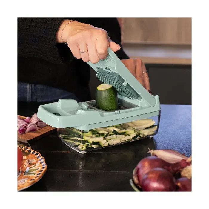 Livoo MEN435 Mandoline Multifonction avec 8 Lames en Acier Inoxydable, Bac de Récupération 1,5 L, Tranche, Râpe, Émince, Compatible Lave-Vaisselle