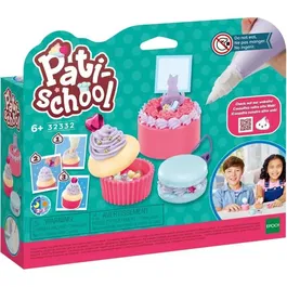 Epoch Jeu culinaire 32332 - Kit de décoration violet Pati-school pour enfants, 3 créations (boîte, porte-photo, porte-clés gâteau) avec poche à douille et pâte modelable