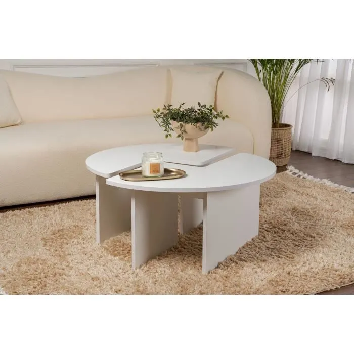 MOIRA Table basse ronde en aggloméré blanc naturel, 90 x 90 x 41 cm