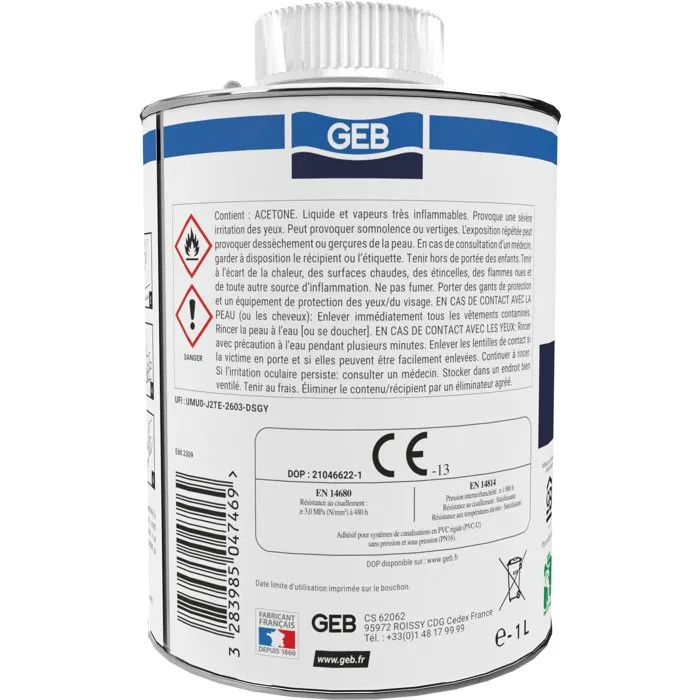Geb Colle PVC Gebsoplast Gel Plus - 1 L - pour PVC rigide pression et évacuation eau potable