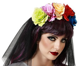 Diadème Halloween Velo Court Fleurs Multicolores Catrina - Accessoire pour le Jour des Morts et Costume Mexicain Festif
