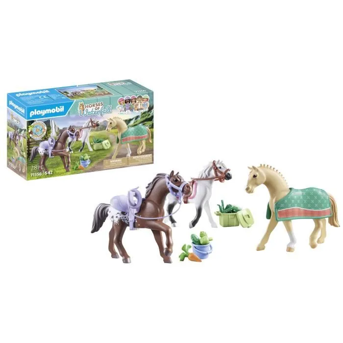 Playmobil 71356 3 Chevaux du Ranch de la Cascade - Morgan, Quarter Horse, Shagya Arabe avec Accessoires - 28 Pièces - Jouet à Partir de 5 Ans