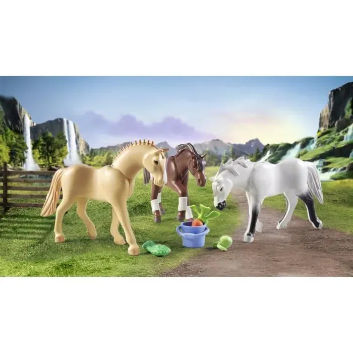 Playmobil 71356 3 Chevaux du Ranch de la Cascade - Morgan, Quarter Horse, Shagya Arabe avec Accessoires - 28 Pièces - Jouet à Partir de 5 Ans