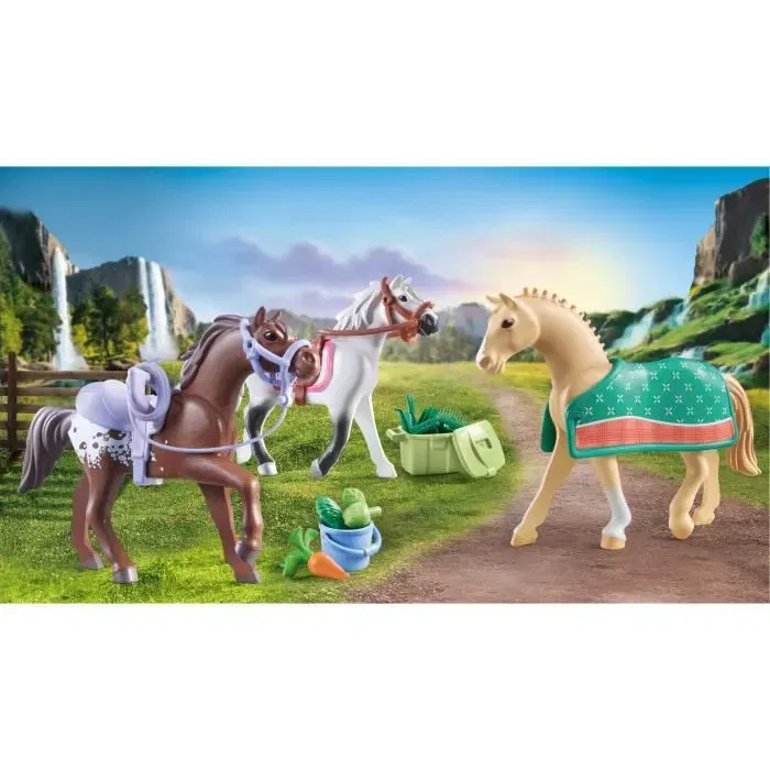 Playmobil 71356 3 Chevaux du Ranch de la Cascade - Morgan, Quarter Horse, Shagya Arabe avec Accessoires - 28 Pièces - Jouet à Partir de 5 Ans