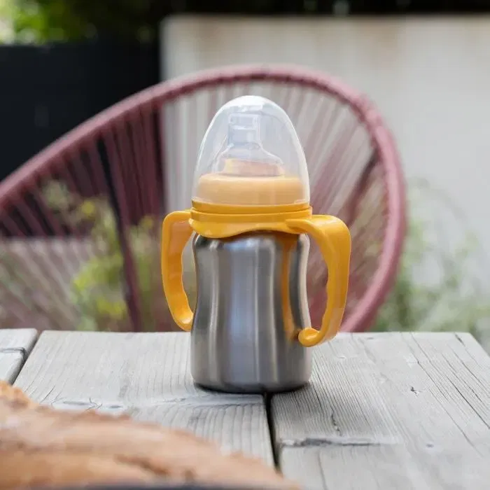 Thermobaby Tasse d'Apprentissage pour Bébé - 180 ml, Inox, Jaune Mangue - Tétine Silicone, Anses Ergonomiques, Système Anti-Fuites et Capuchon - Sans BPA