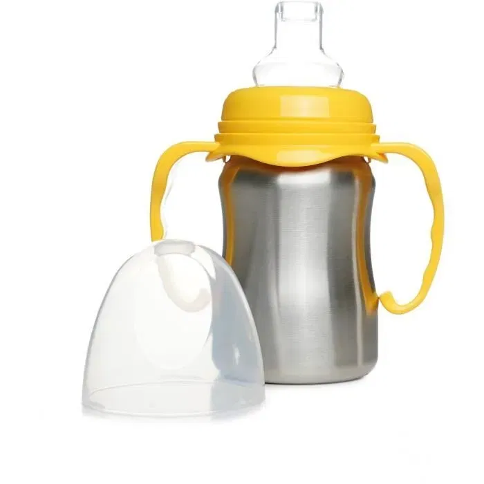 Thermobaby Tasse d'Apprentissage pour Bébé - 180 ml, Inox, Jaune Mangue - Tétine Silicone, Anses Ergonomiques, Système Anti-Fuites et Capuchon - Sans BPA