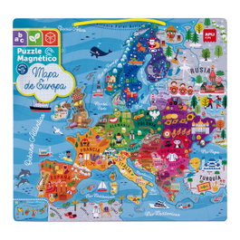 APLI KIDS Puzzle Magnétique Carte Europe 19246 – Apprendre les pays, mers, rivières, montagnes, monuments – Espagnol – Dès 5 ans