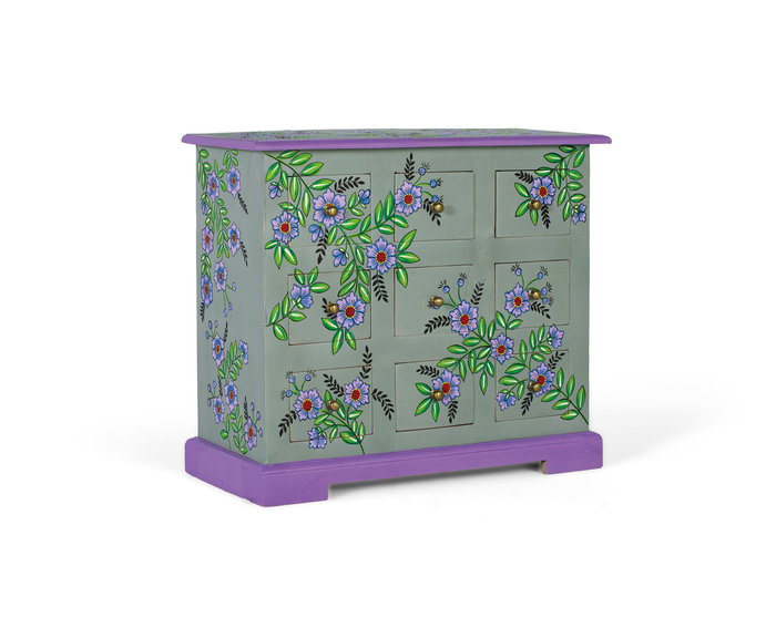 GINER Y COLOMER Commode en Mango Massif Peinte à la Main, 9 tiroirs, 70.5x31x60.5 cm, Finition Vert Gris et Motif Floral