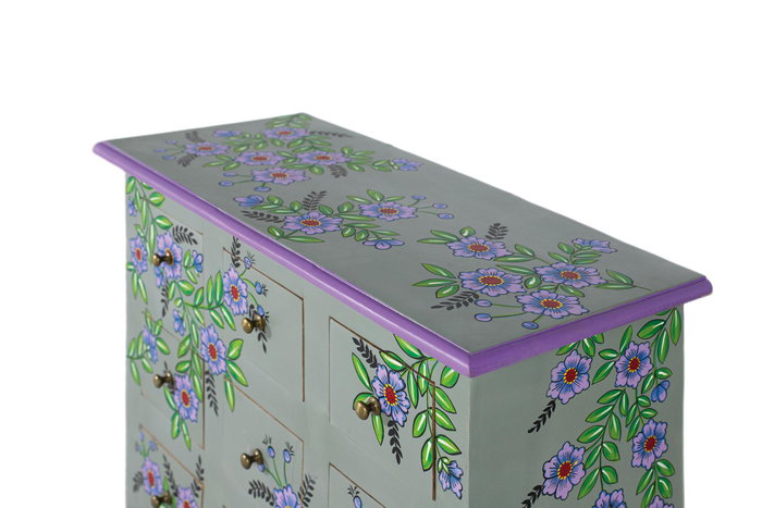 GINER Y COLOMER Commode en Mango Massif Peinte à la Main, 9 tiroirs, 70.5x31x60.5 cm, Finition Vert Gris et Motif Floral