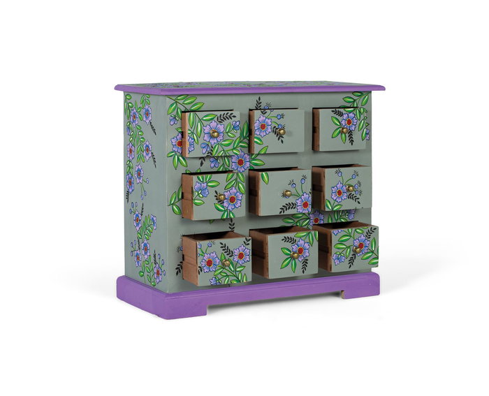 GINER Y COLOMER Commode en Mango Massif Peinte à la Main, 9 tiroirs, 70.5x31x60.5 cm, Finition Vert Gris et Motif Floral