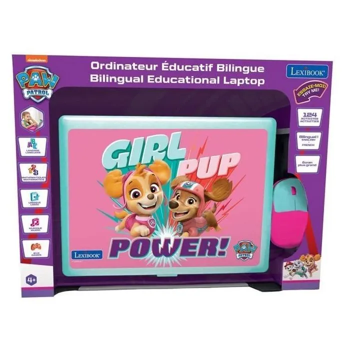 Lexibook Ordinateur Éducatif Parlant Pat' Patrouille Rose - 124 Activités en Français et Anglais, 62 par Langue, avec Écran 5,1 x 9,7 cm