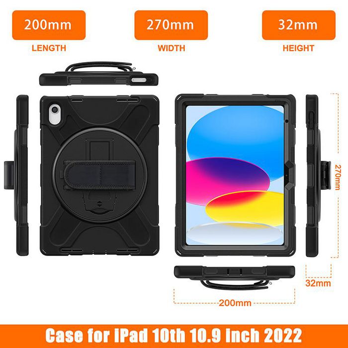 eSTUFF Coque de protection AUSTIN pour iPad 11e/10e génération - Noir - Protection antichoc MIL-STD-810H, support rotatif 360°, emplacement pour crayon, sans verre frontal