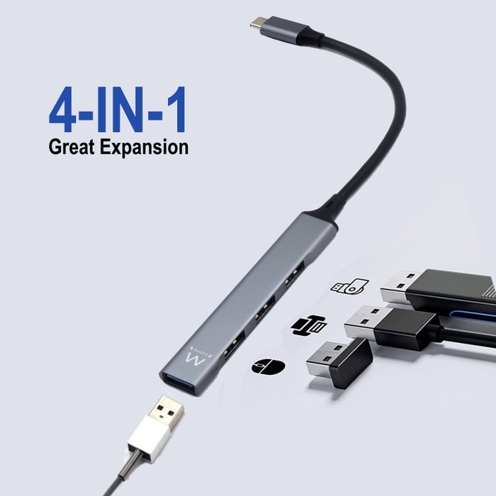 Ewent EW1145 Hub USB-C 4 Ports USB-A 3.2 Gen 1 et 2.0 Compact et Léger Plug and Play Ewent EW1145 Hub USB-C 4 Ports USB-A 3.2 Gen 1 et 2.0 Compact et Léger Plug and Play