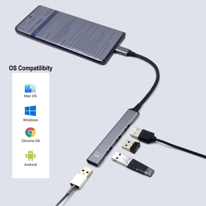 Ewent EW1145 Hub USB-C 4 Ports USB-A 3.2 Gen 1 et 2.0 Compact et Léger Plug and Play Ewent EW1145 Hub USB-C 4 Ports USB-A 3.2 Gen 1 et 2.0 Compact et Léger Plug and Play