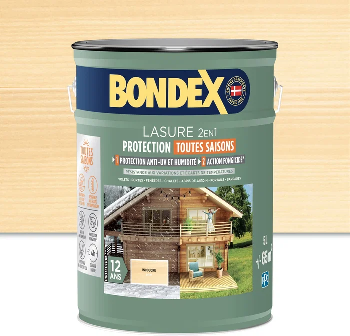 Bondex Lasure 2 en 1 Protection Extérieure Toutes Saisons, Incolore Satin, Protection 12 ans, 5L - Haute Protection Humidité, UV, Eau