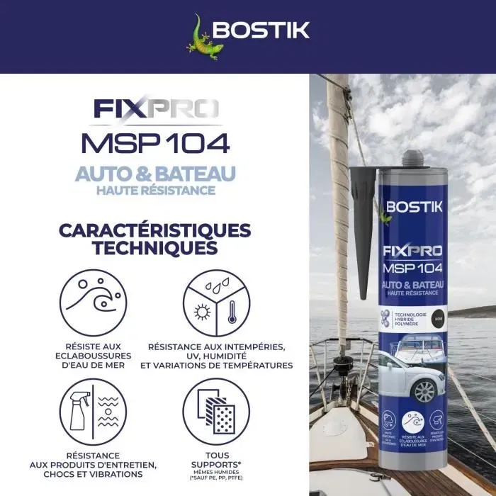Bostik Fixpro MSP 104 - Mastic colle et jointure polyvalent ultra-résistant, pour véhicules et bateaux - Résiste aux intempéries et à l'eau de mer - Noir - 290 ml
