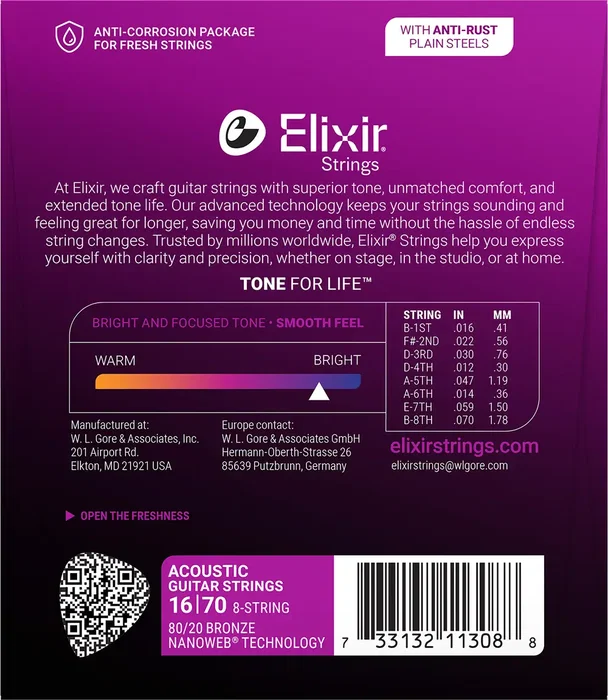 Elixir Jeu de cordes acoustique Nanoweb 80/20 Bronze 8 cordes Baritone 16-70