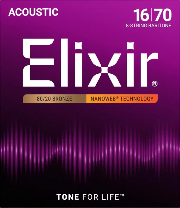 Elixir Jeu de cordes acoustique Nanoweb 80/20 Bronze 8 cordes Baritone 16-70