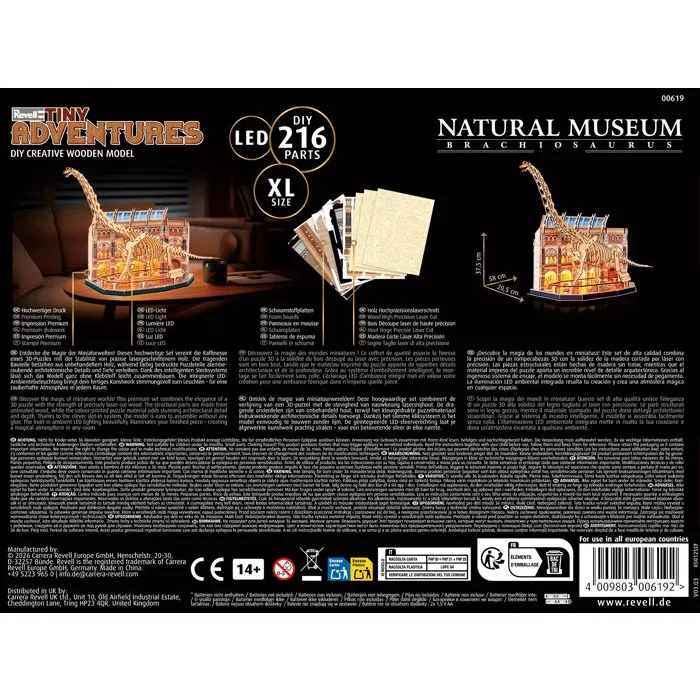 Revell - Tiny Adventures - Natural Museum - Brachiosaur - Puzzle 3D en bois à LED avec squelette de dinosaure - 216 pièces