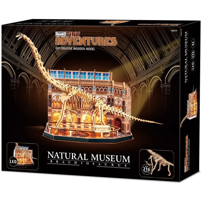 Revell - Tiny Adventures - Natural Museum - Brachiosaur - Puzzle 3D en bois à LED avec squelette de dinosaure - 216 pièces