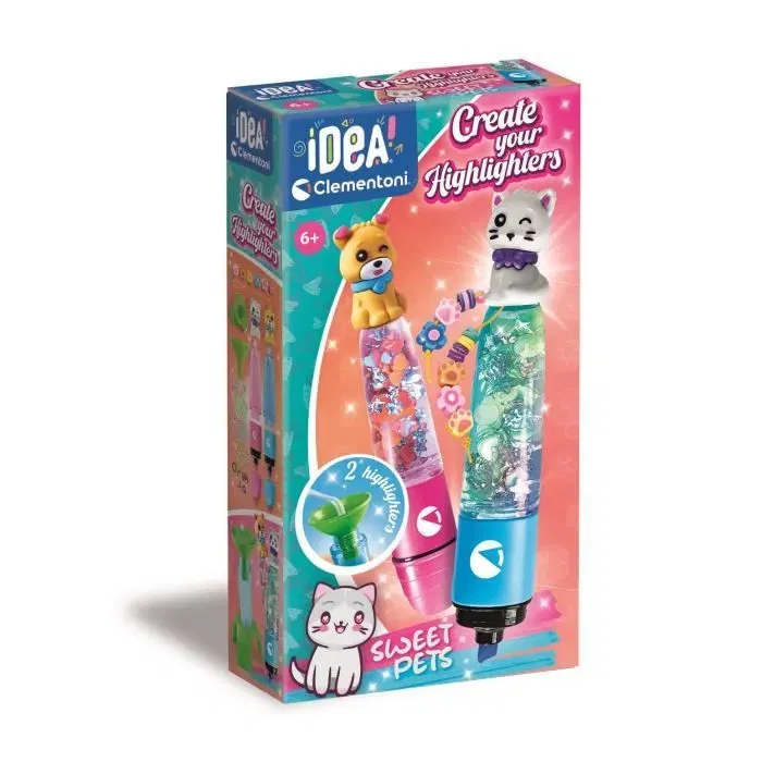 Clementoni Crée tes fluos Sweet Pets - Coffret créatif pour enfants avec 2 surligneurs à assembler, encres colorées et décorations animaux Clementoni Crée tes fluos Sweet Pets - Coffret créatif pour enfants avec 2 surligneurs à assembler, encres colorées et décorations animaux