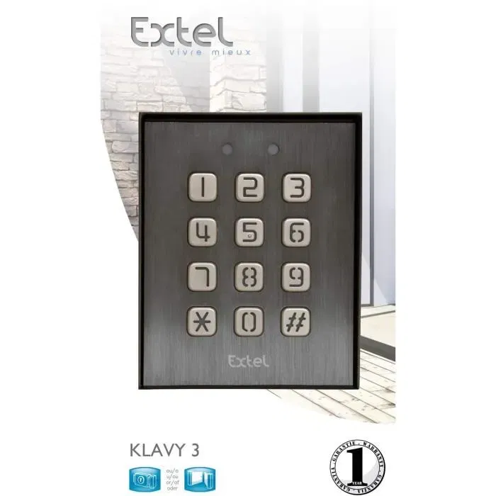 Extel KLAVY 3 - Clavier de codage filaire métal pour automatisme, ouverture de porte, touches rétroéclairées gris, pose en saillie, 12V