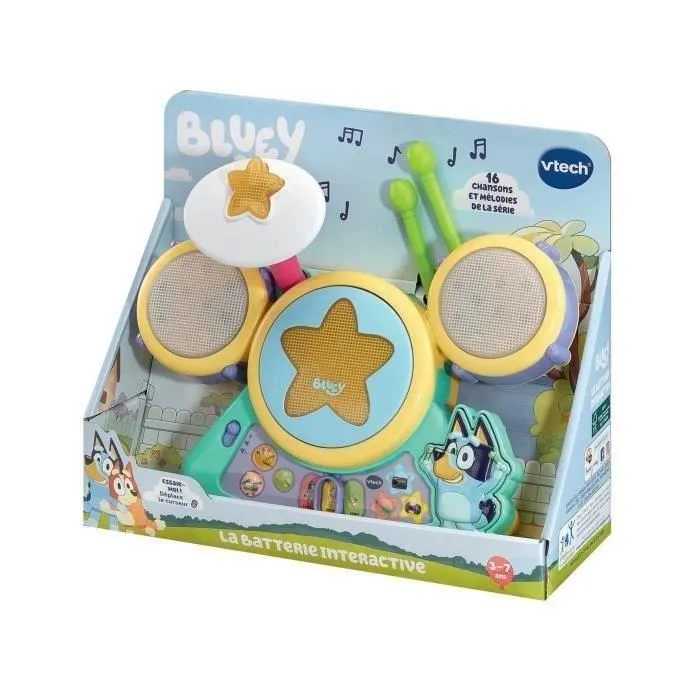 Vtech Bluey - La Batterie Interactive Multicolore pour Enfants 3 à 7 Ans - 4 Pads Lumineux, Cymbale et 2 Baguettes Incluses - 3 Modes de Jeu - Français