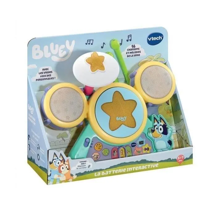 Vtech Bluey - La Batterie Interactive Multicolore pour Enfants 3 à 7 Ans - 4 Pads Lumineux, Cymbale et 2 Baguettes Incluses - 3 Modes de Jeu - Français