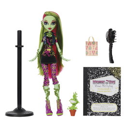 Monster High Poupée Venus McFlytrap Jhk58 Mattel avec tenue denim, accessoires et mascotte Chewlian, pour enfant dès 6 ans