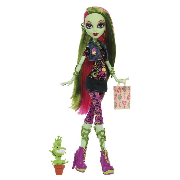Monster High Poupée Venus McFlytrap Jhk58 Mattel avec tenue denim, accessoires et mascotte Chewlian, pour enfant dès 6 ans