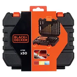 BLACK+DECKER Coffret de perçage et vissage 50 accessoires A7188-XJ avec forets métal et béton, embouts, douilles, porte-embout magnétique