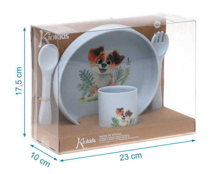 KioKids - Set de Vaisselle pour Bébé en Silicone Bleu avec Ventouse 4 Pièces (Assiette, Tasse, Cuillère, Fourchette) Baby-Led Weaning Lovely Friends