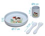 KioKids - Set de Vaisselle pour Bébé en Silicone Bleu avec Ventouse 4 Pièces (Assiette, Tasse, Cuillère, Fourchette) Baby-Led Weaning Lovely Friends