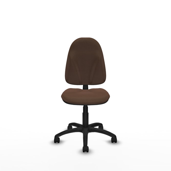 Chaise de bureau Algarra avec mécanisme de contact permanent de base, rembourrée de tissu marron foncé. Équipée d'une base en polyamide noir, sans accoudoirs et de roulettes en nylon de 50 mm.