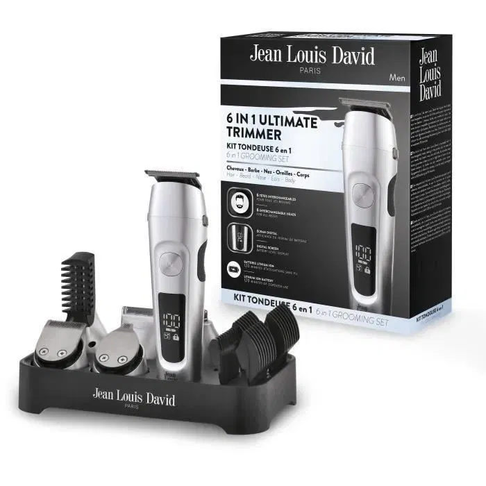Jean Louis David - Tondeuse Barbe Multifonction 6-en-1 Ultimate Trimmer, Lames Acier Inoxydable, Recharge USB, 60 Min Autonomie, avec Socle Rangement