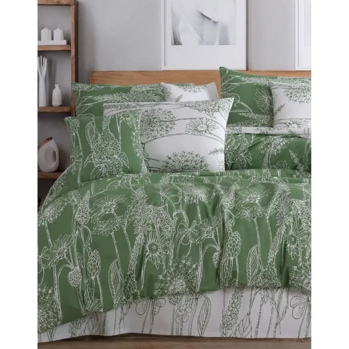 Parure de lit 1 housse de couette 220 x 240 cm + 2 taies d'oreiller 60 x 60 cm en 100% coton renforcé - Vert et blanc - Ensemble king pour chambre