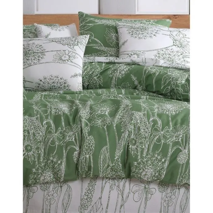 Parure de lit 1 housse de couette 220 x 240 cm + 2 taies d'oreiller 60 x 60 cm en 100% coton renforcé - Vert et blanc - Ensemble king pour chambre
