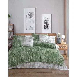 Parure de lit 1 housse de couette 220 x 240 cm + 2 taies d'oreiller 60 x 60 cm en 100% coton renforcé - Vert et blanc - Ensemble king pour chambre