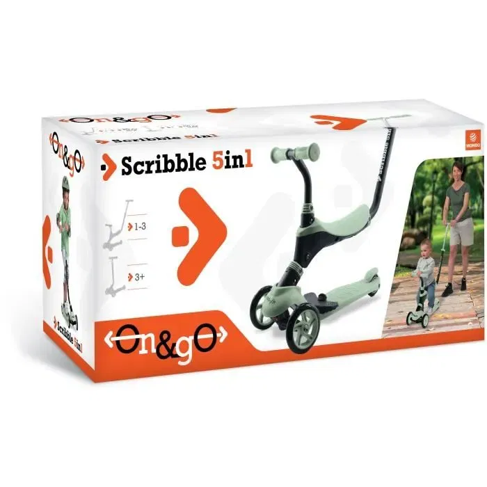 Mondo On&Go Scribble 5-en-1 Draisienne évolutive en trottinette pliable noir vert sauge, cadre acier, canne parentale, 20-50 kg