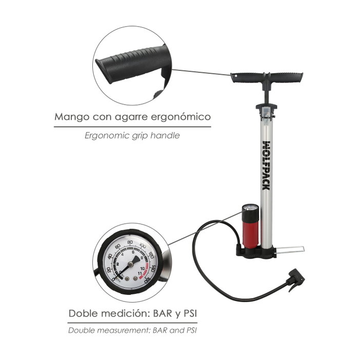 WOLFPACK LINEA PROFESIONAL Pompe à pied avec manomètre Ø 32 x 500 mm
