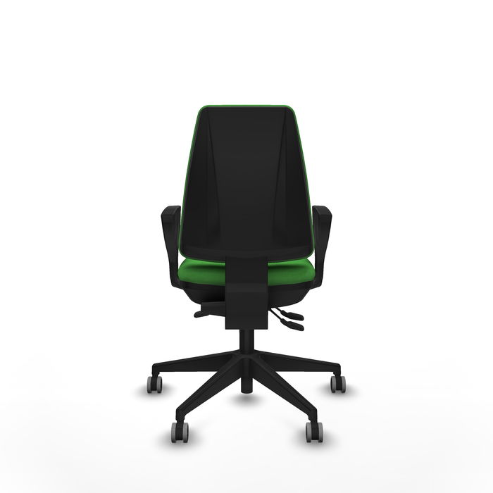 Chaise Elche Asynchrone Tissu Vert Base pyramidale noire Accoudoirs fixes Sans appui-tête Roulettes 65mm pour moquette