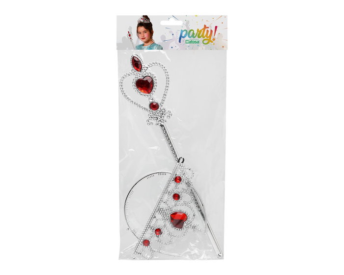 Tiara argentée avec cœurs et baguette rouge pour princesse, déguisement enfant pour carnaval ou fête Tiara argentée avec cœurs et baguette rouge pour princesse, déguisement enfant pour carnaval ou fête