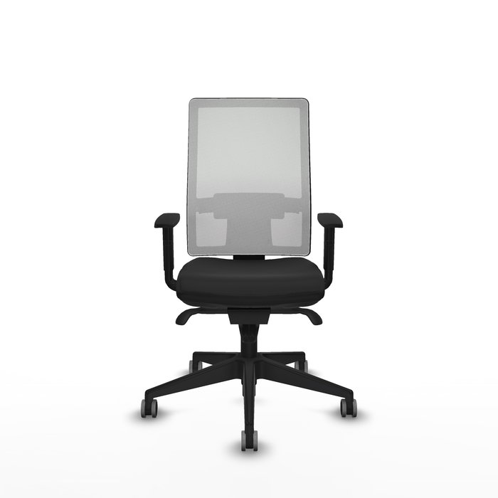 Chaise de bureau Horna avec mécanisme Sincro, revêtue de similicuir noir et de maille blanche. Équipée d'un soutien lombaire 1D, d'accoudoirs 1D et de roulettes de 65 mm pour parquet