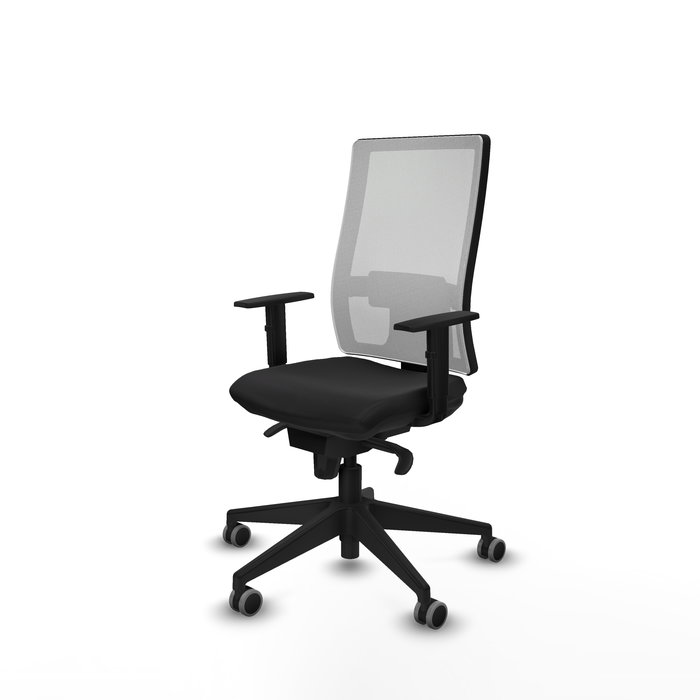 Chaise de bureau Horna avec mécanisme Sincro, revêtue de similicuir noir et de maille blanche. Équipée d'un soutien lombaire 1D, d'accoudoirs 1D et de roulettes de 65 mm pour parquet