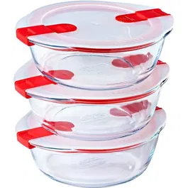 Pyrex Cook & Heat - Lot de 3 boîtes de conservation en verre rondes 1.1 L - Couvercle à valve vapeur spécial micro-ondes, résistance thermique -40°C à +350°C