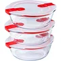 Pyrex Cook & Heat - Lot de 3 boîtes de conservation en verre rondes 1.1 L - Couvercle à valve vapeur spécial micro-ondes, résistance thermique -40°C à +350°C
