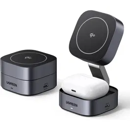 Ugreen Station de Charge 2-en-1 MagSafe 15W, Chargeur Sans Fil Rapide Compatible iPhone, pour Bureau et Table de Chevet, Design Compact et Élégant