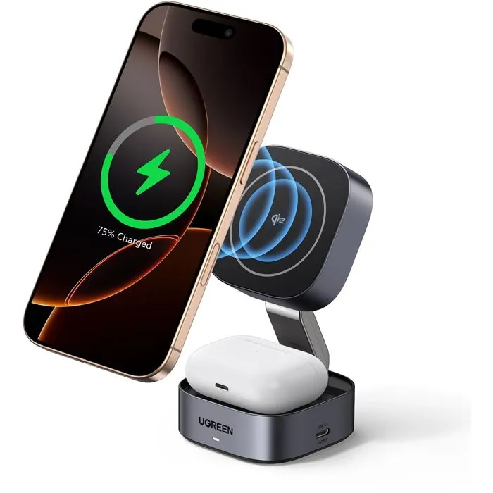 Ugreen Station de Charge 2-en-1 MagSafe 15W, Chargeur Sans Fil Rapide Compatible iPhone, pour Bureau et Table de Chevet, Design Compact et Élégant