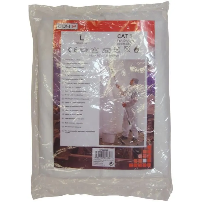 Combinaison de Protection Jetable CON:P 4555500 Taille L en Polypropylène Blanc avec Capuchon et Fermeture Éclair - Vêtement de Protection Catégorie 1 Combinaison de Protection Jetable CON:P 4555500 Taille L en Polypropylène Blanc avec Capuchon et Fermeture Éclair - Vêtement de Protection Catégorie 1